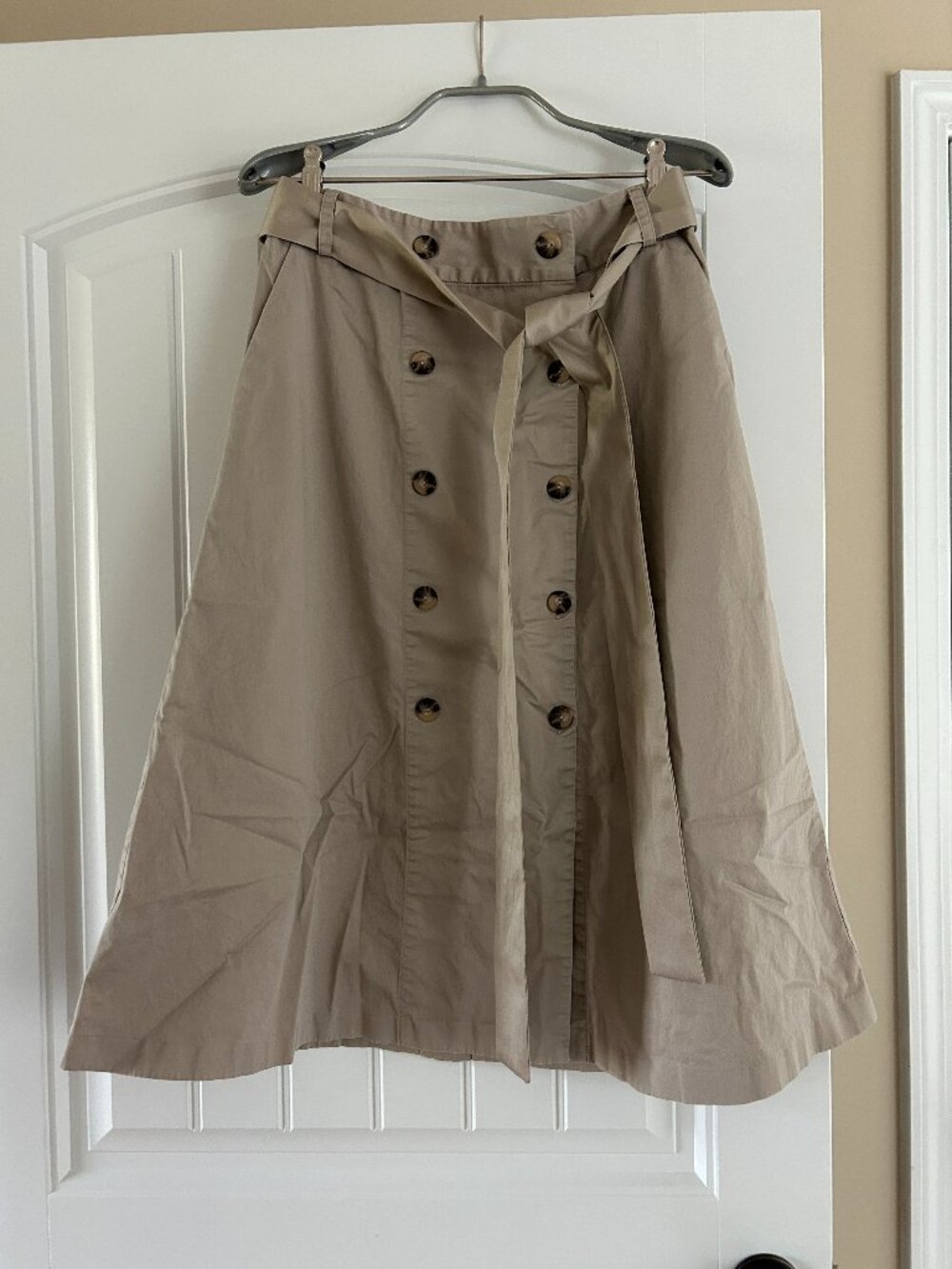 Alex Marie Tailored Cotton Trench Button Front Pleated Skirt Belt Pockets Khaki